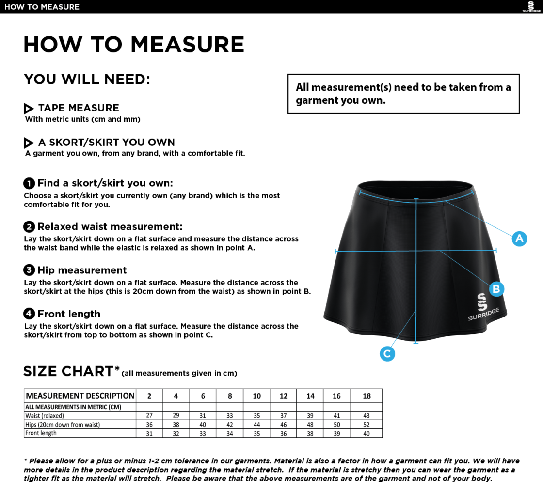 Mendip Hockey Club Skort - Size Guide