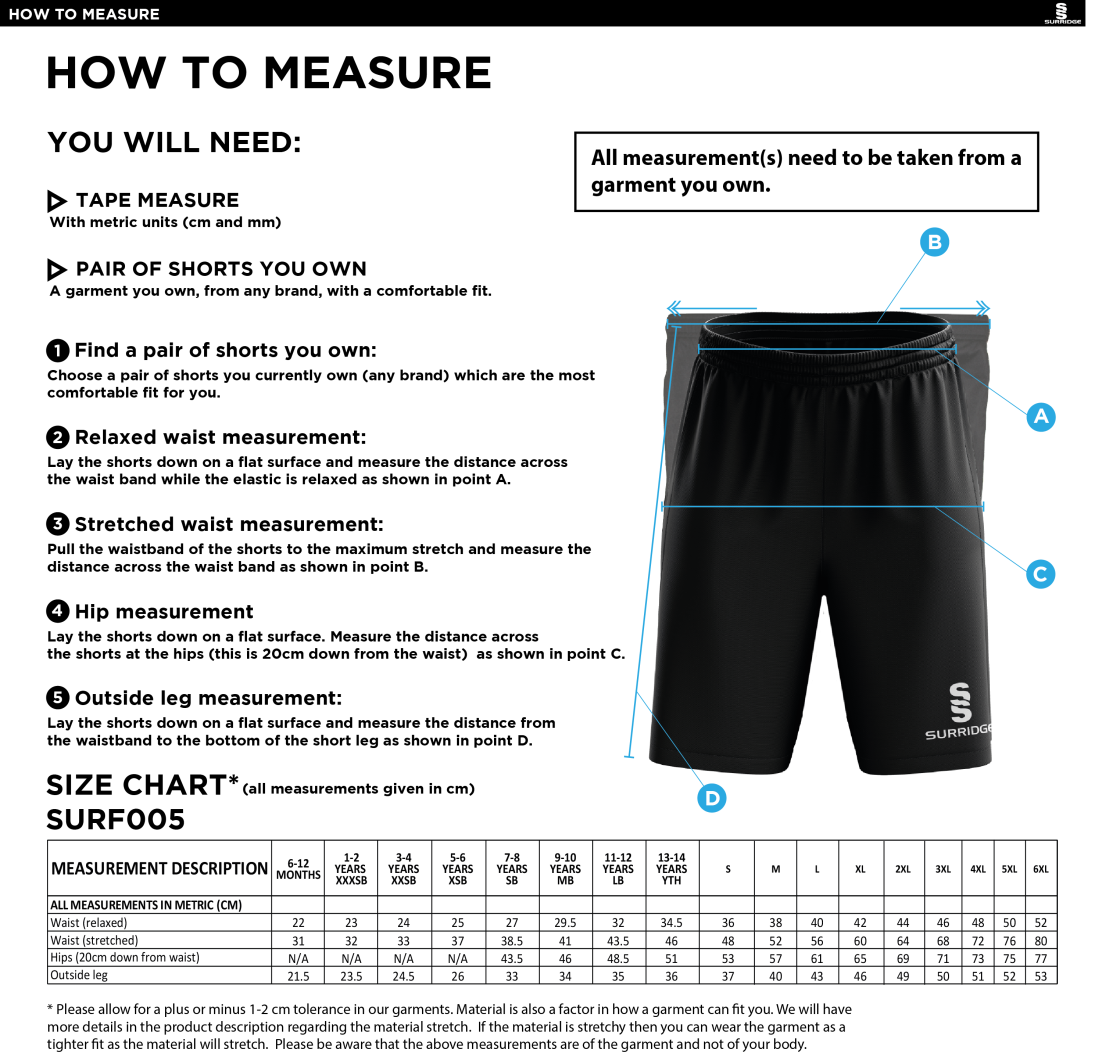 Mendip HC - Match Short - Navy - Size Guide
