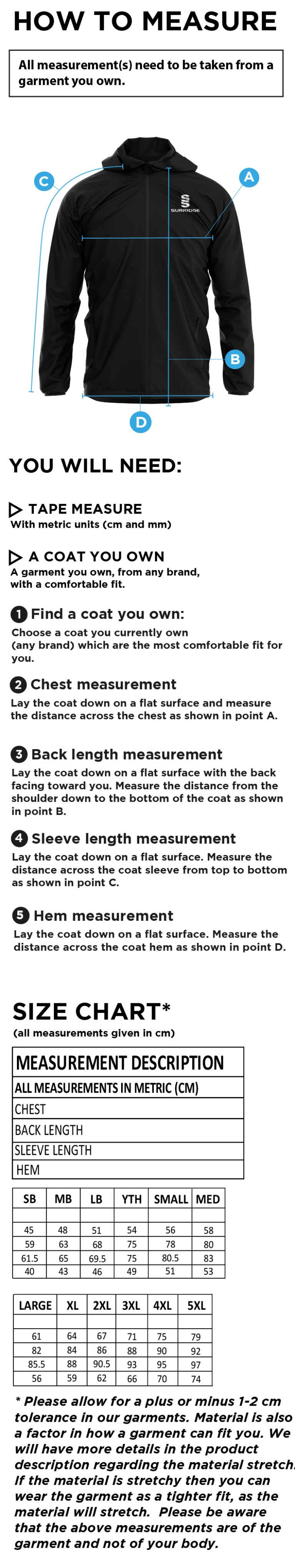 Mendip HC Full Zip Training Jacket - MENS - Size Guide