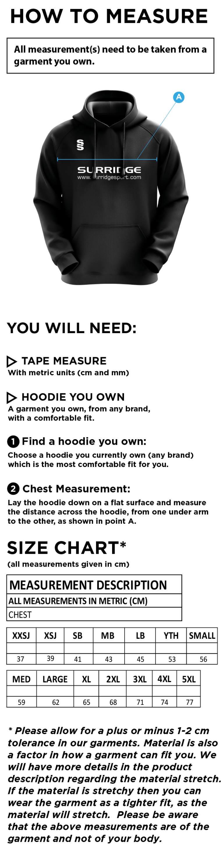 Mendip HC Blade Hoody - Size Guide