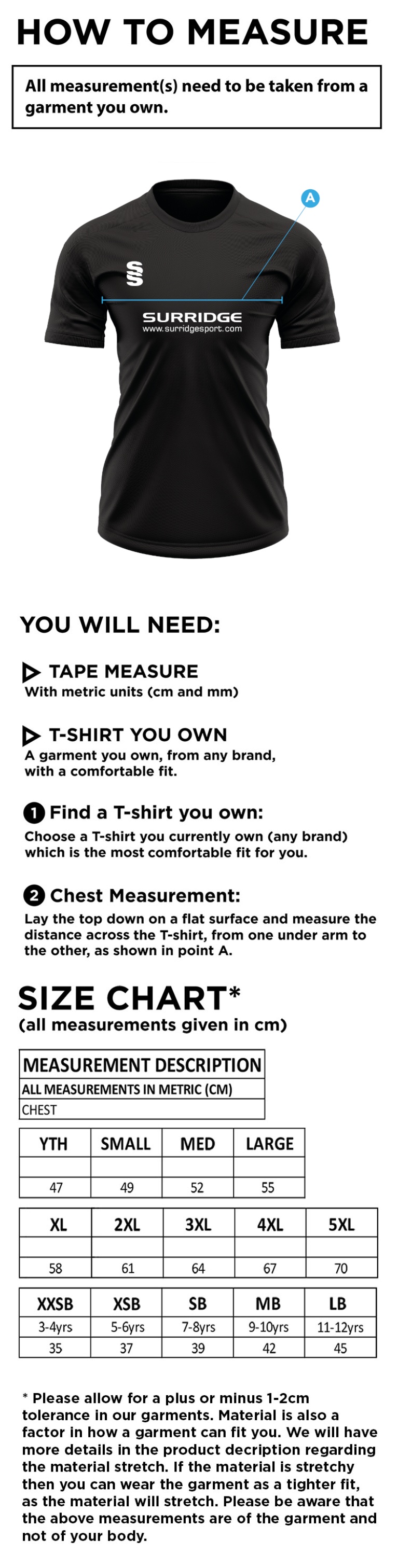Mendip HC Blade T-shirT - Size Guide