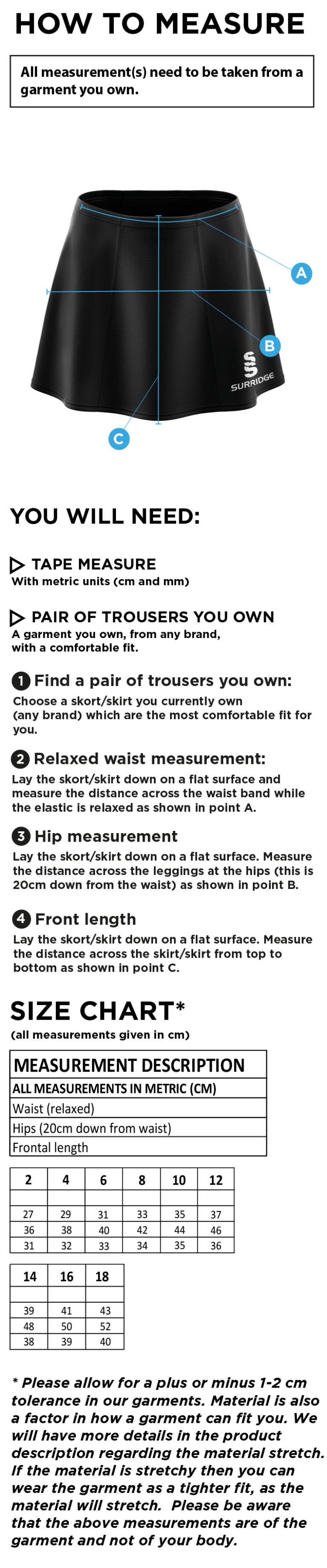Mendip Hockey Club Skort - Size Guide
